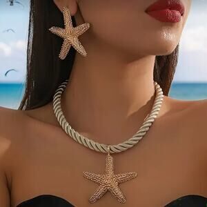 Starfish Necklace Women's Earrings Set Gold Nautical Cruise Ocean Vibes Beach